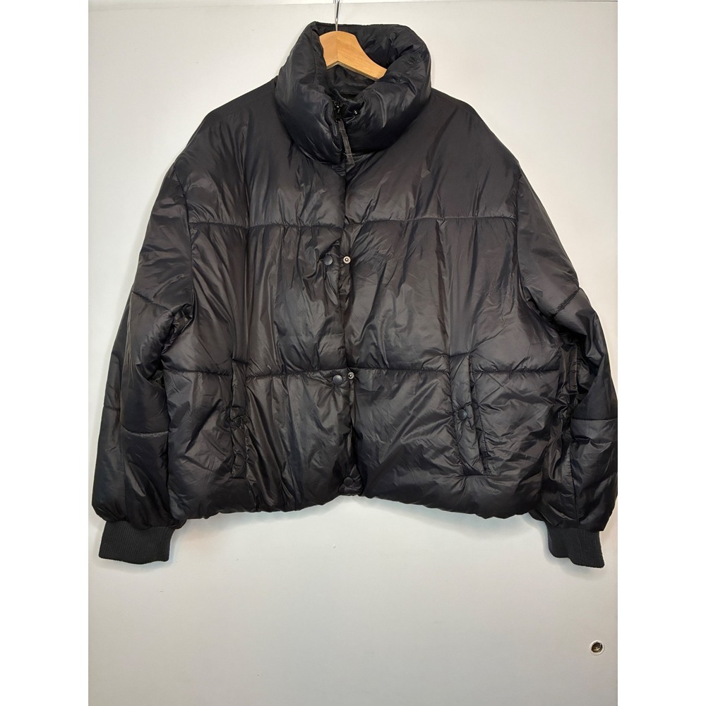American Eagle Puffer Jacket Womens L Black Oversized Neck Quilted Cotton Crop